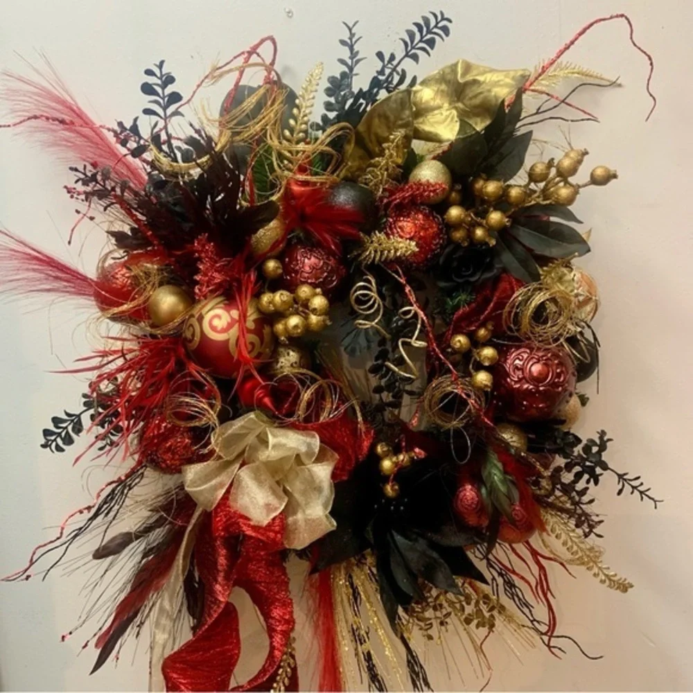 Elegant Unique Floral Christmas Contemporary Black Red Gold Door Wall Wreath
